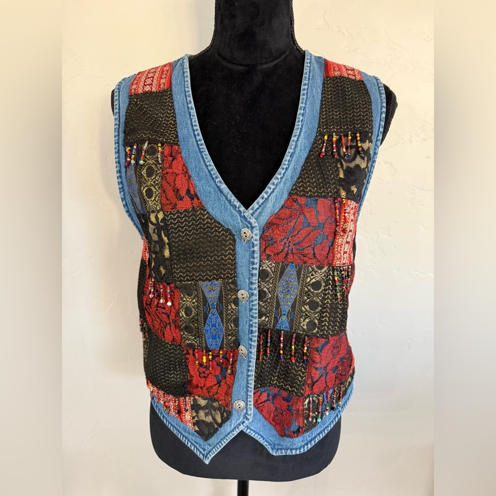 Vintage Tantrum Blues Patchwork Denim Vest with Beaded Accents. 100% Cotton